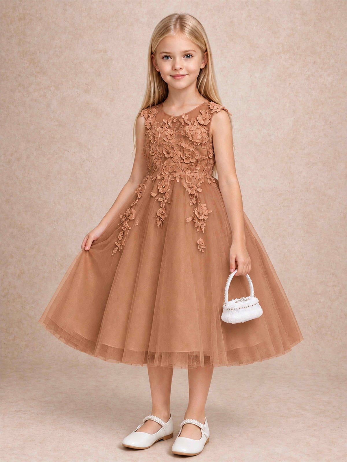 Girls 3D Floral Lace Tulle Flower Girl Dress Sleeveless Princess Gown for Wedding Birthday Party