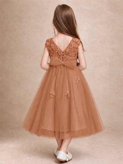 Girls 3D Floral Lace Tulle Flower Girl Dress Sleeveless Princess Gown for Wedding Birthday Party