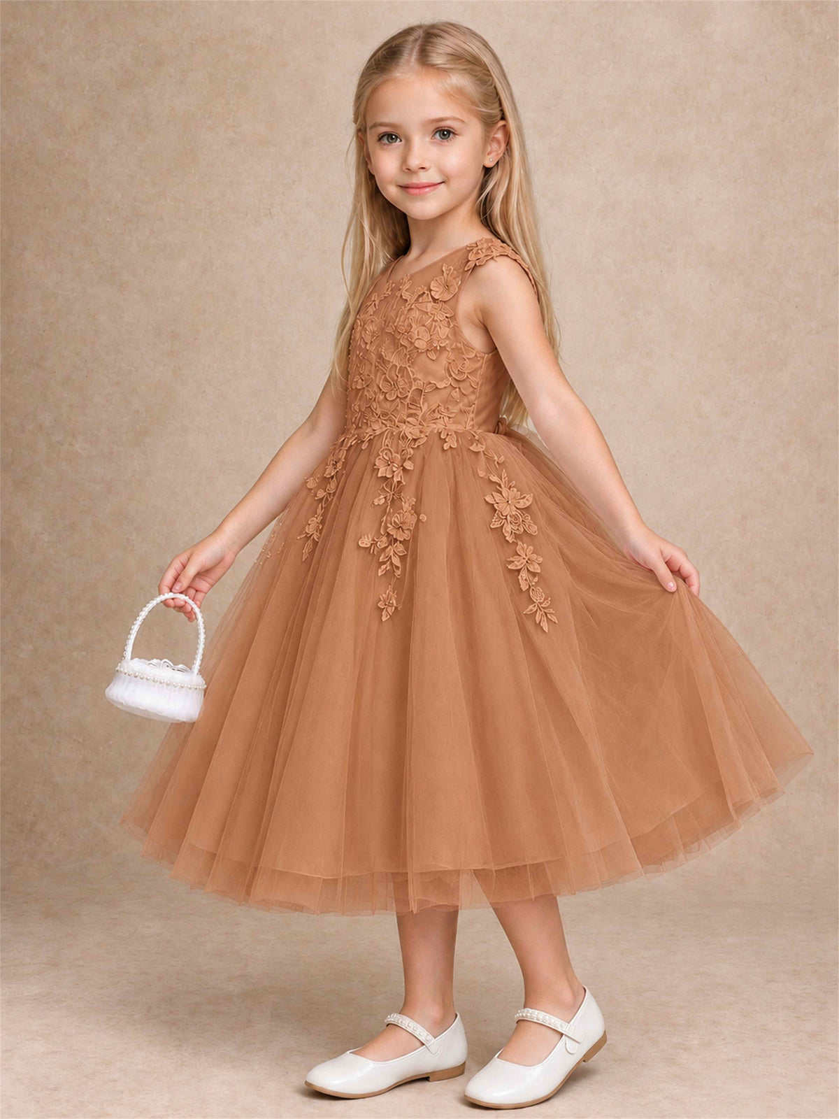 Girls 3D Floral Lace Tulle Flower Girl Dress Sleeveless Princess Gown for Wedding Birthday Party