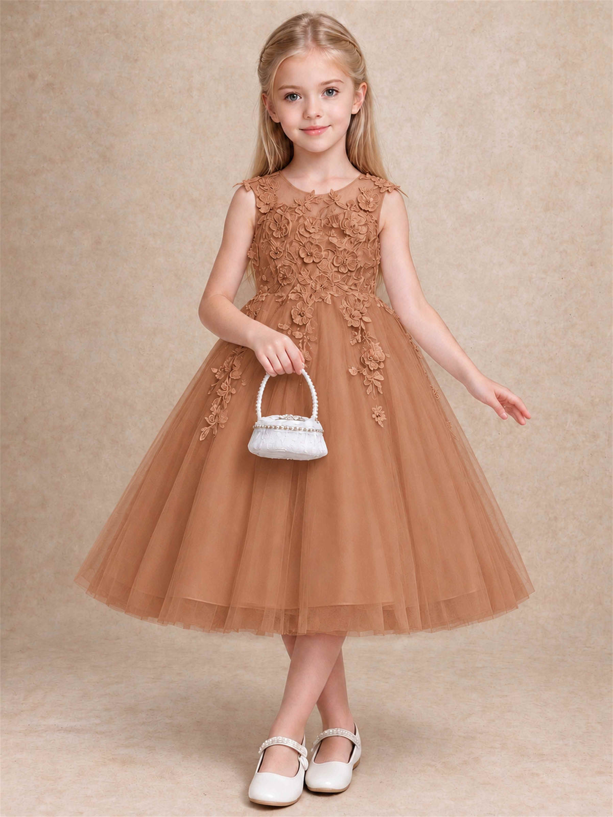 Girls 3D Floral Lace Tulle Flower Girl Dress Sleeveless Princess Gown for Wedding Birthday Party