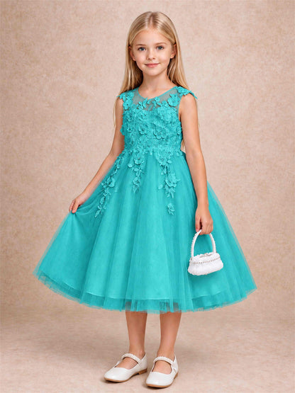 Girls 3D Floral Lace Tulle Flower Girl Dress Sleeveless Princess Gown for Wedding Birthday Party