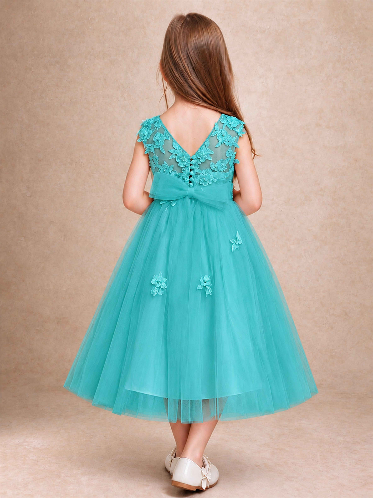 Girls 3D Floral Lace Tulle Flower Girl Dress Sleeveless Princess Gown for Wedding Birthday Party