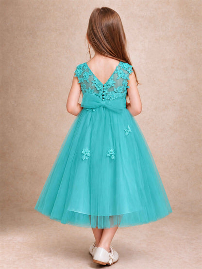 Girls 3D Floral Lace Tulle Flower Girl Dress Sleeveless Princess Gown for Wedding Birthday Party