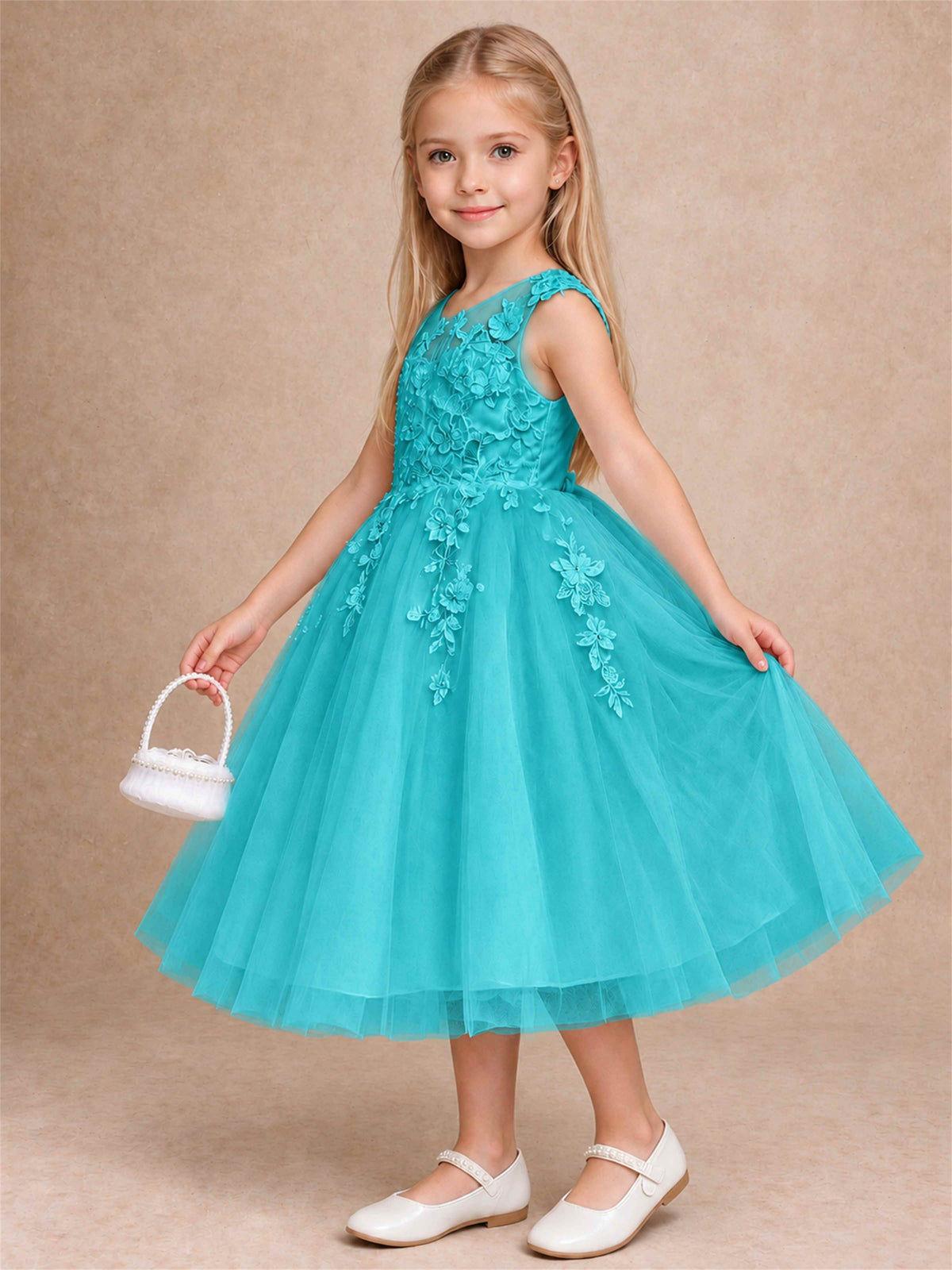 Girls 3D Floral Lace Tulle Flower Girl Dress Sleeveless Princess Gown for Wedding Birthday Party
