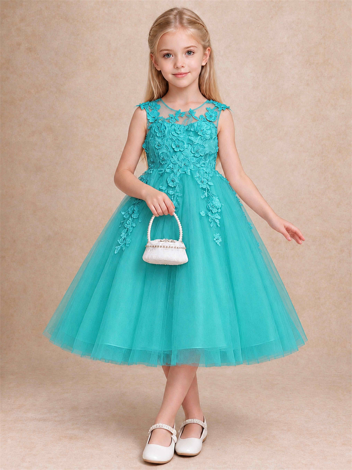 Girls 3D Floral Lace Tulle Flower Girl Dress Sleeveless Princess Gown for Wedding Birthday Party