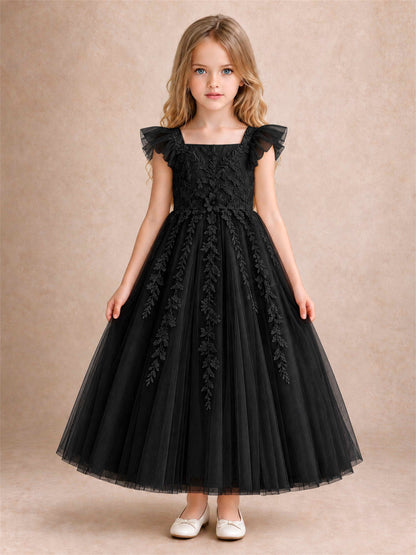 Girls Lace Tulle Flower Girl Dress Square Neck Ruffle Sleeve Princess Gown for Wedding First Communion