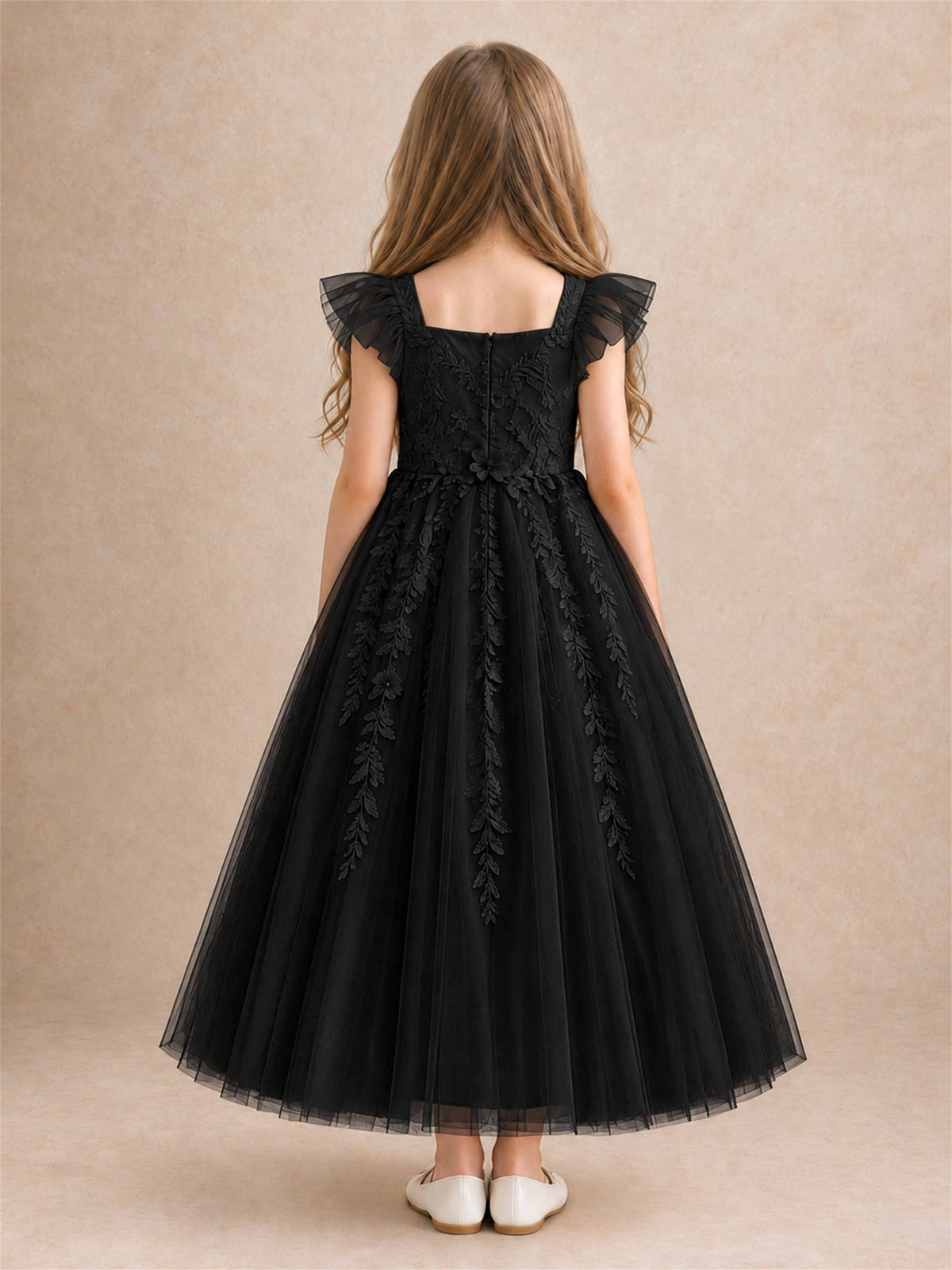 Girls Lace Tulle Flower Girl Dress Square Neck Ruffle Sleeve Princess Gown for Wedding First Communion