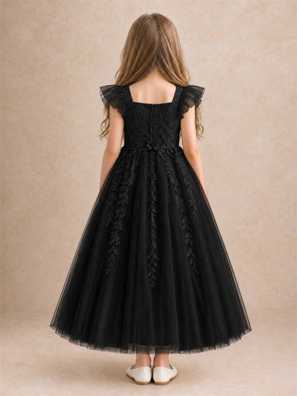 Girls Lace Tulle Flower Girl Dress Square Neck Ruffle Sleeve Princess Gown for Wedding First Communion