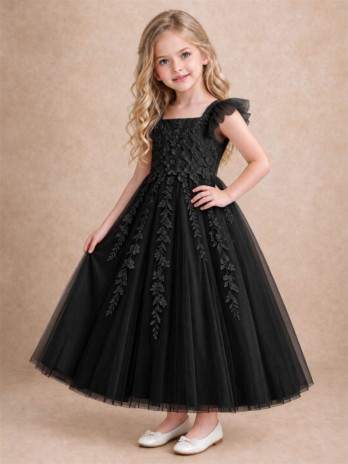 Girls Lace Tulle Flower Girl Dress Square Neck Ruffle Sleeve Princess Gown for Wedding First Communion