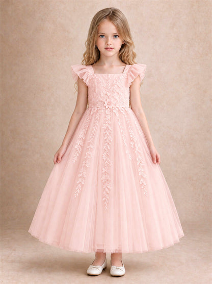 Girls Lace Tulle Flower Girl Dress Square Neck Ruffle Sleeve Princess Gown for Wedding First Communion