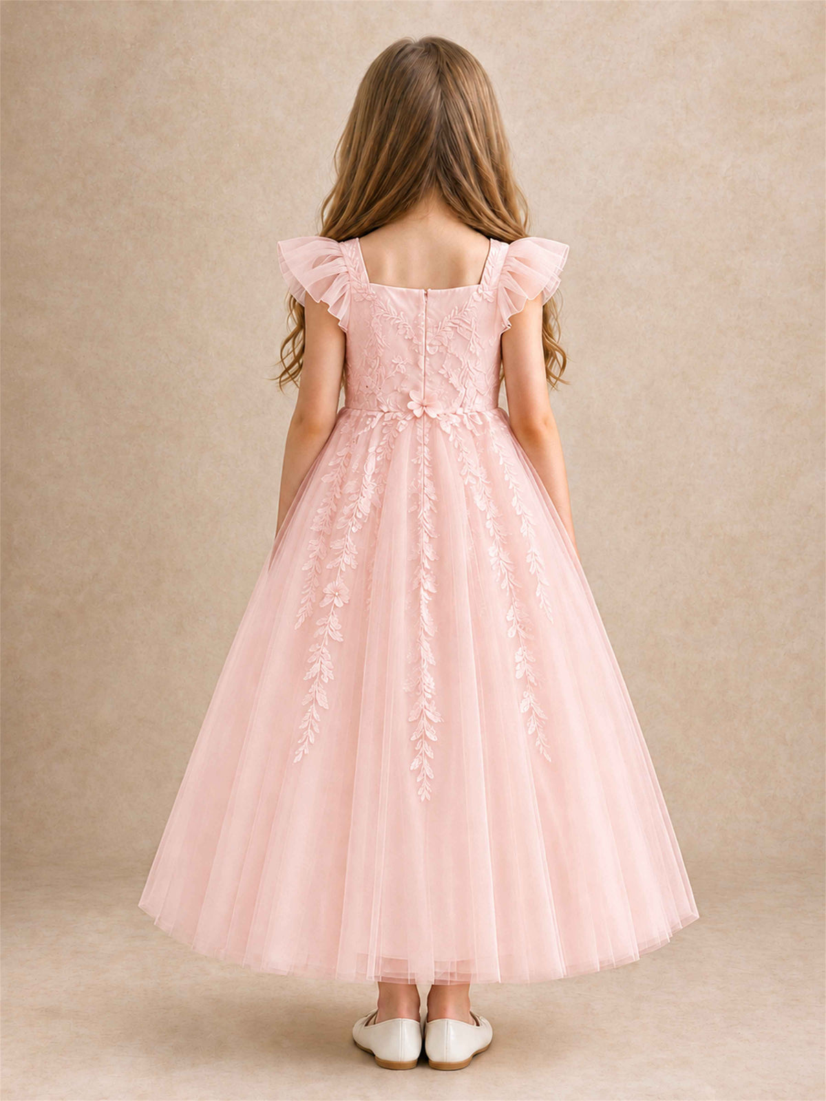 Girls Lace Tulle Flower Girl Dress Square Neck Ruffle Sleeve Princess Gown for Wedding First Communion