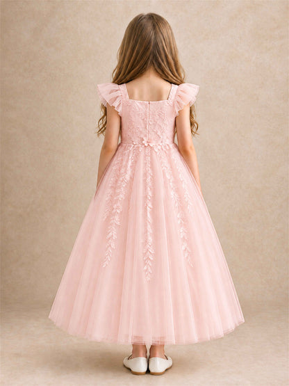Girls Lace Tulle Flower Girl Dress Square Neck Ruffle Sleeve Princess Gown for Wedding First Communion
