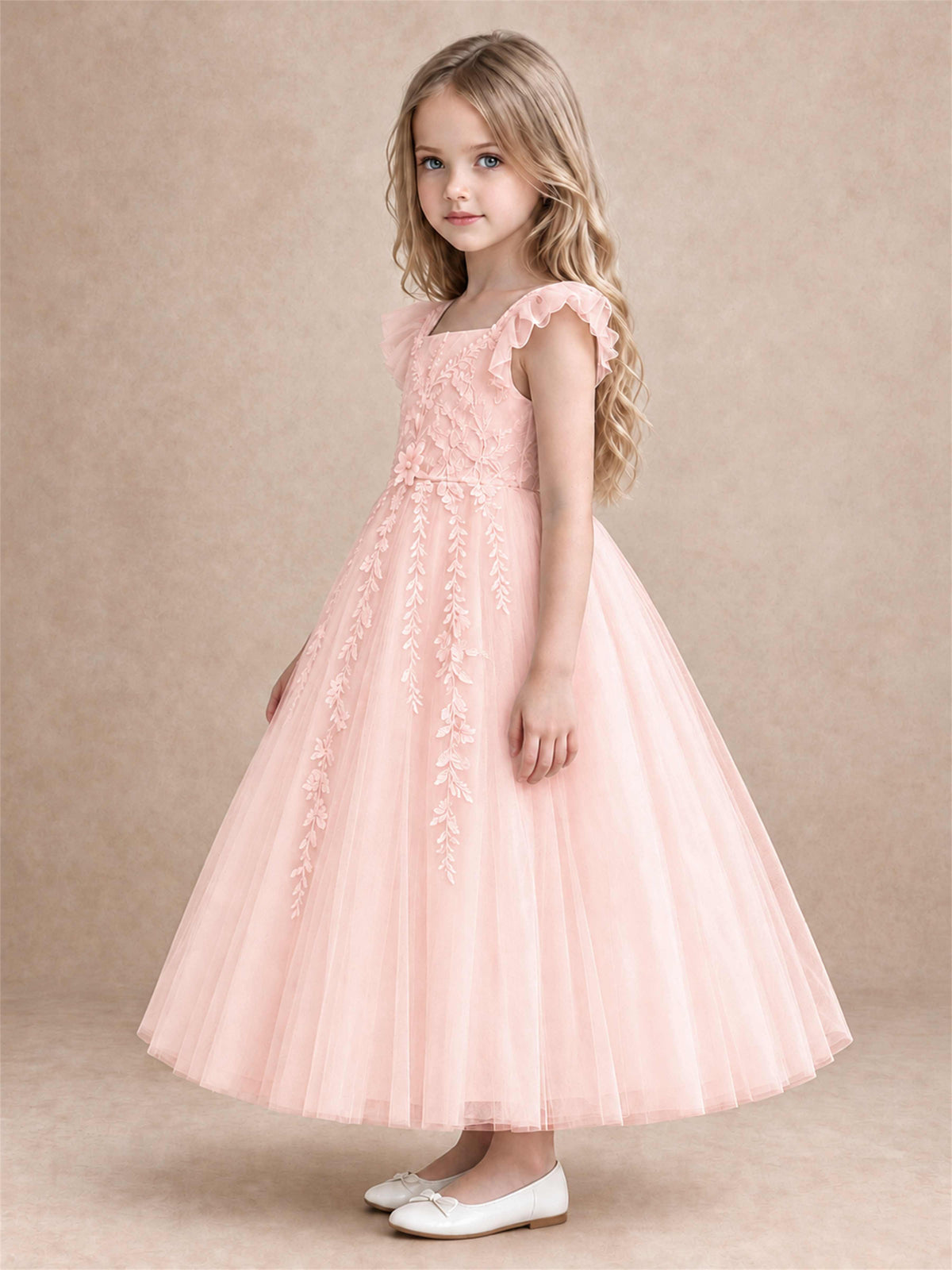 Girls Lace Tulle Flower Girl Dress Square Neck Ruffle Sleeve Princess Gown for Wedding First Communion