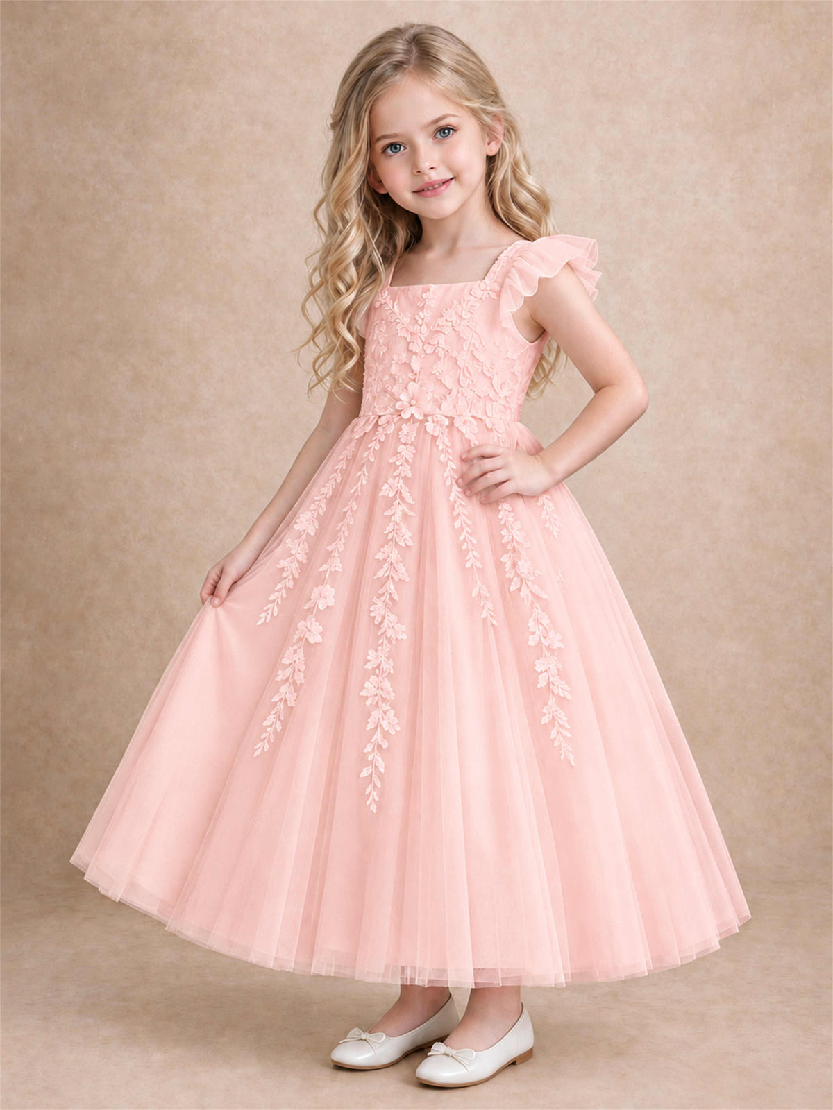 Girls Lace Tulle Flower Girl Dress Square Neck Ruffle Sleeve Princess Gown for Wedding First Communion