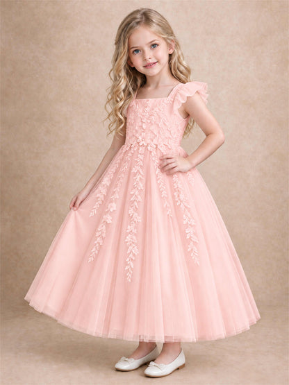 Girls Lace Tulle Flower Girl Dress Square Neck Ruffle Sleeve Princess Gown for Wedding First Communion