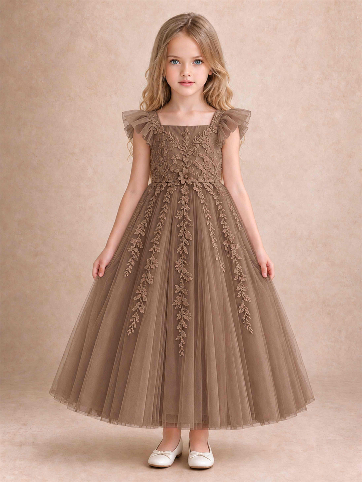 Girls Lace Tulle Flower Girl Dress Square Neck Ruffle Sleeve Princess Gown for Wedding First Communion