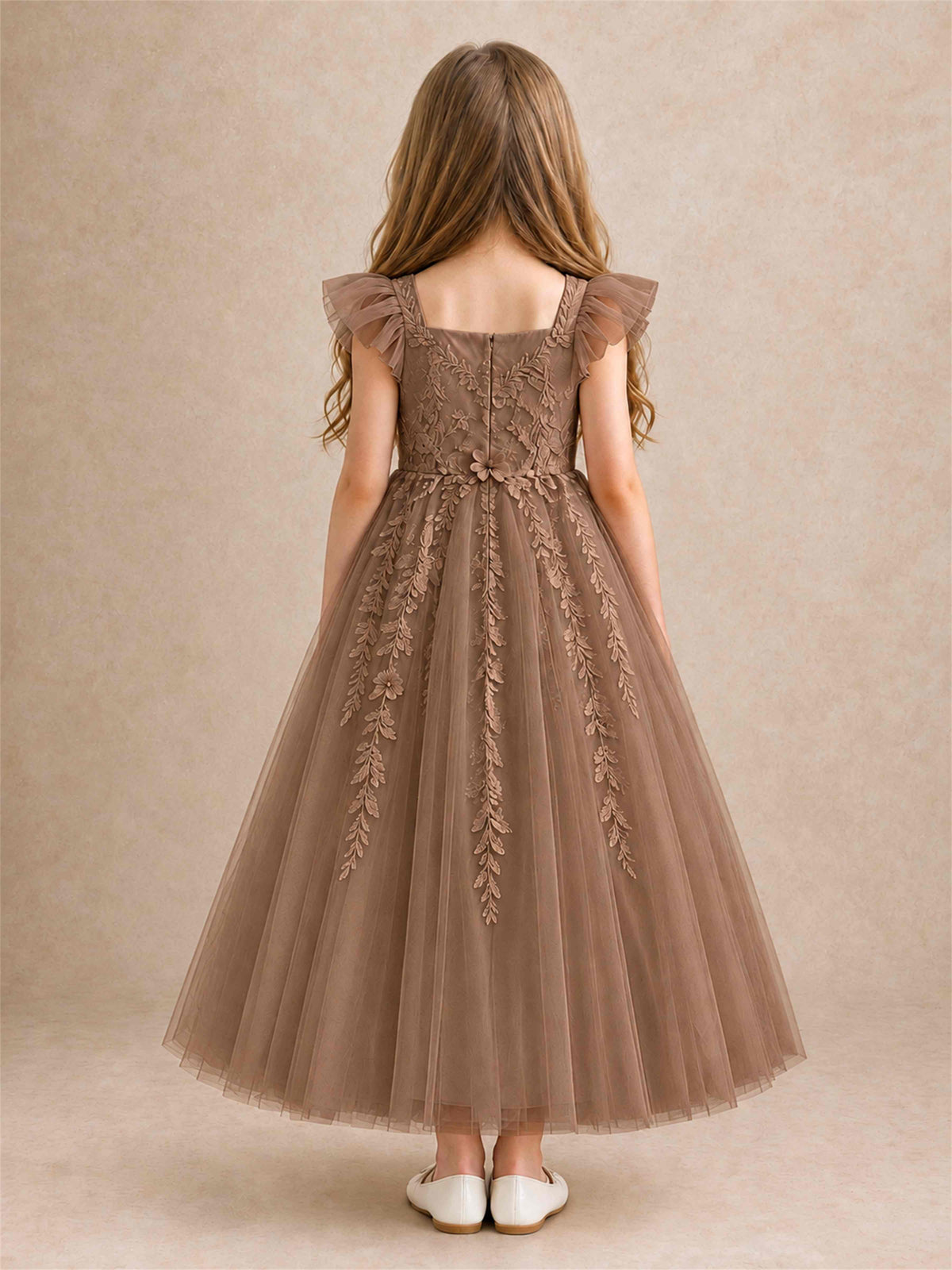Girls Lace Tulle Flower Girl Dress Square Neck Ruffle Sleeve Princess Gown for Wedding First Communion