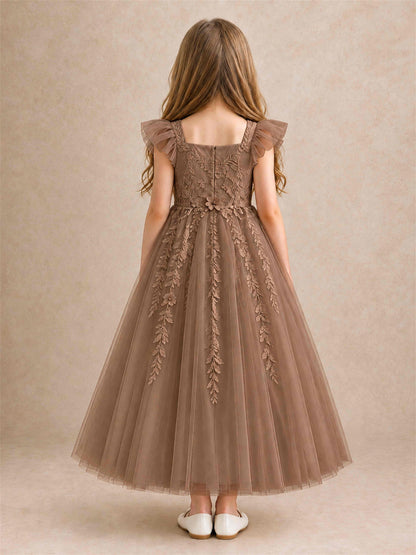 Girls Lace Tulle Flower Girl Dress Square Neck Ruffle Sleeve Princess Gown for Wedding First Communion