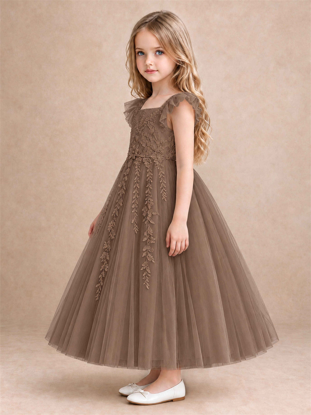 Girls Lace Tulle Flower Girl Dress Square Neck Ruffle Sleeve Princess Gown for Wedding First Communion