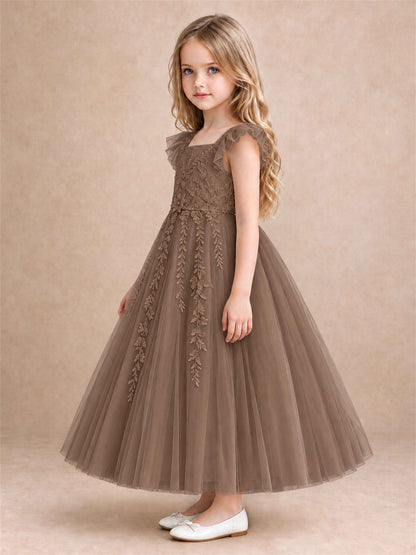 Girls Lace Tulle Flower Girl Dress Square Neck Ruffle Sleeve Princess Gown for Wedding First Communion