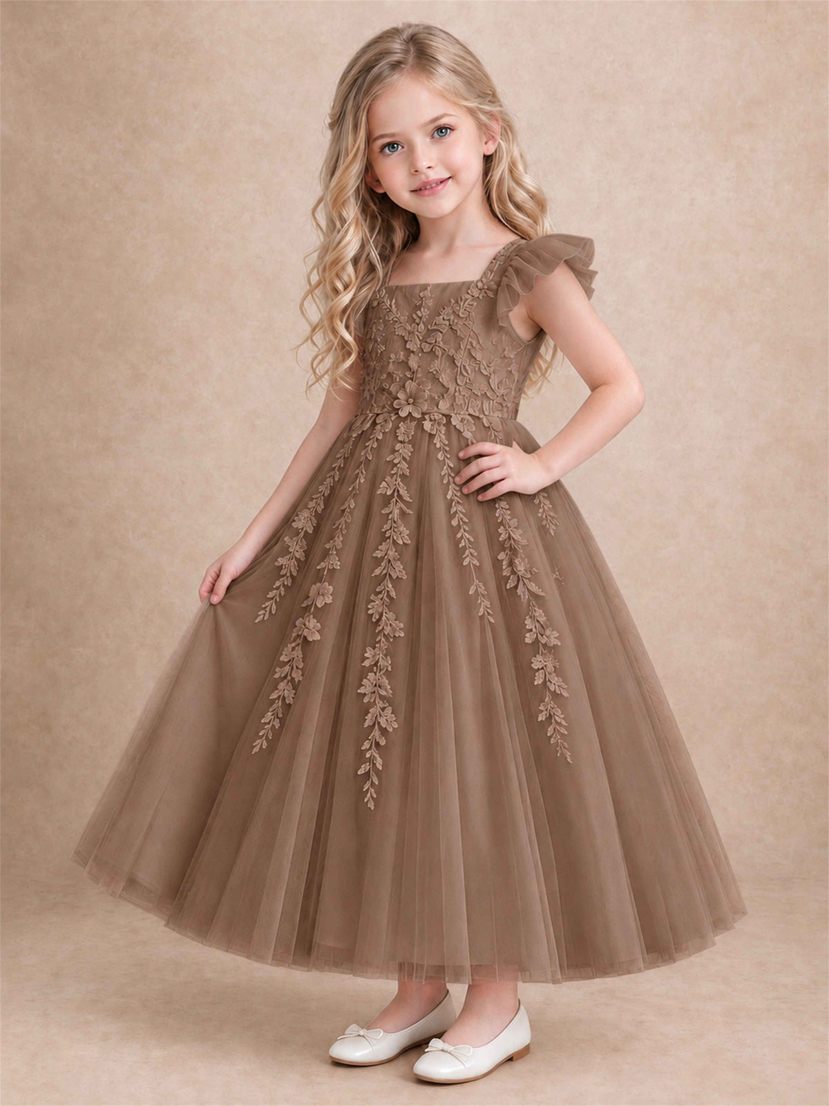 Girls Lace Tulle Flower Girl Dress Square Neck Ruffle Sleeve Princess Gown for Wedding First Communion