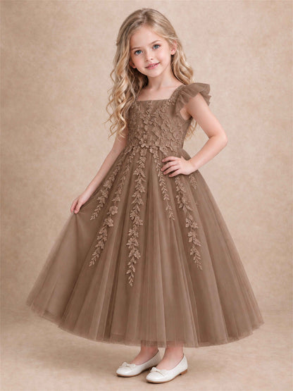Girls Lace Tulle Flower Girl Dress Square Neck Ruffle Sleeve Princess Gown for Wedding First Communion