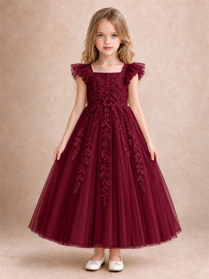Girls Lace Tulle Flower Girl Dress Square Neck Ruffle Sleeve Princess Gown for Wedding First Communion