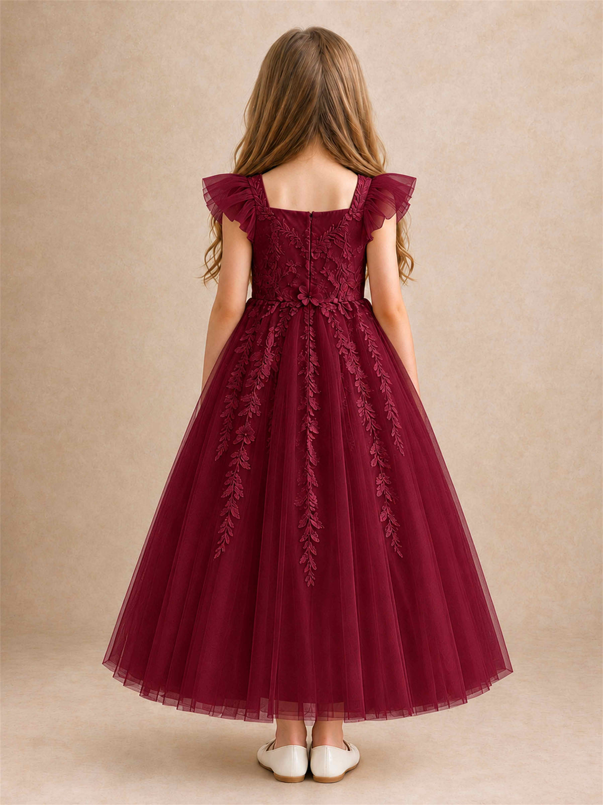 Girls Lace Tulle Flower Girl Dress Square Neck Ruffle Sleeve Princess Gown for Wedding First Communion