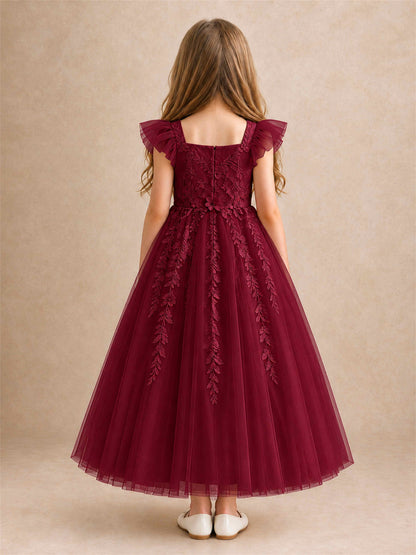 Girls Lace Tulle Flower Girl Dress Square Neck Ruffle Sleeve Princess Gown for Wedding First Communion