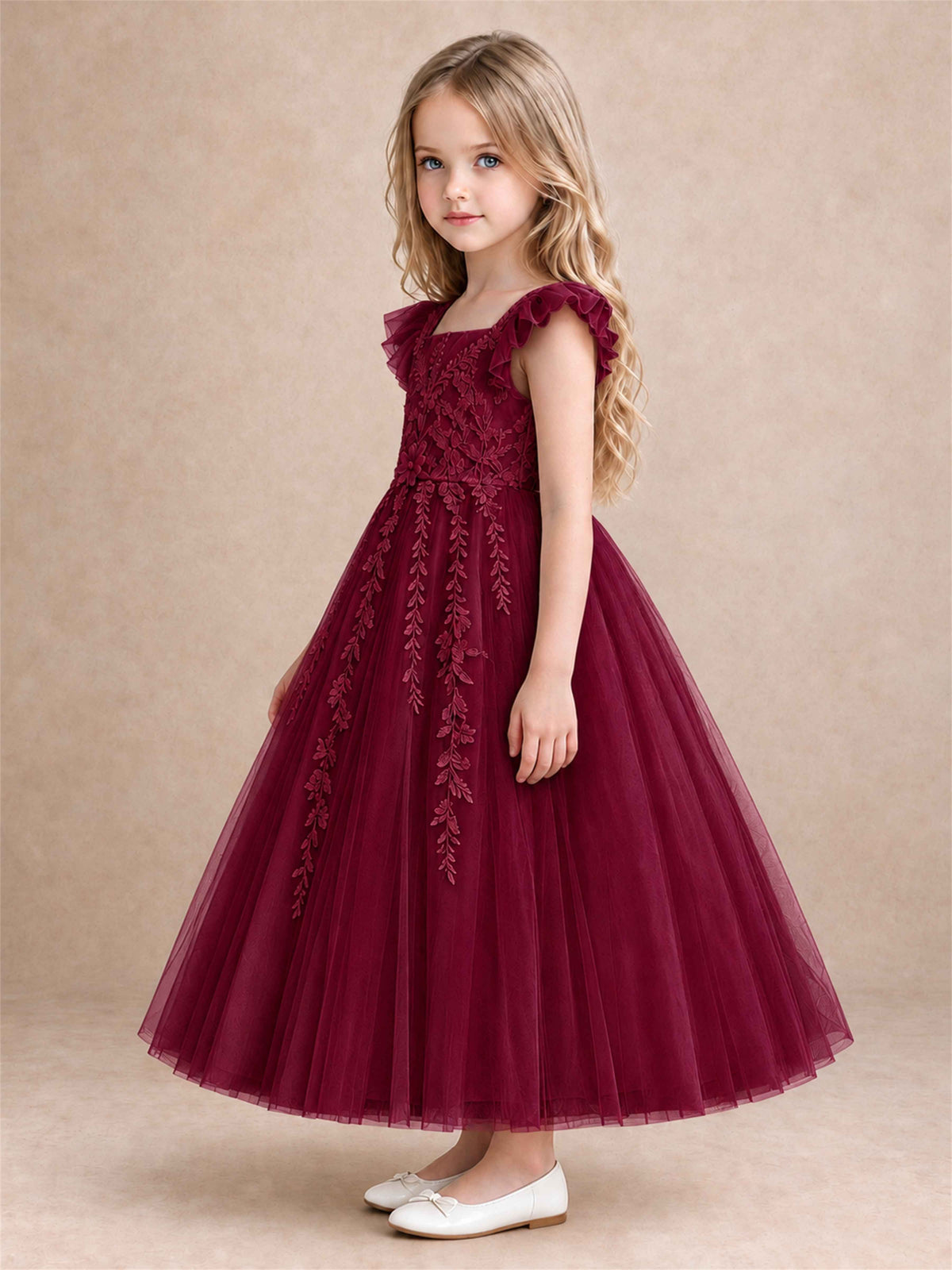 Girls Lace Tulle Flower Girl Dress Square Neck Ruffle Sleeve Princess Gown for Wedding First Communion