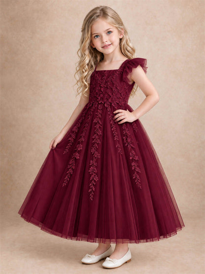 Girls Lace Tulle Flower Girl Dress Square Neck Ruffle Sleeve Princess Gown for Wedding First Communion