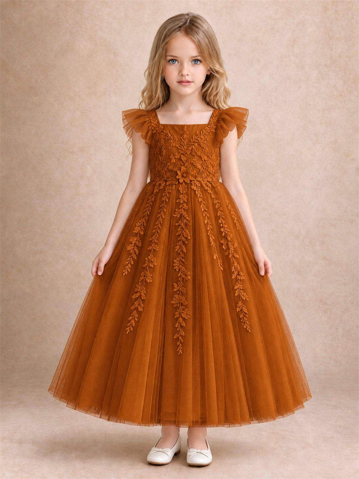 Girls Lace Tulle Flower Girl Dress Square Neck Ruffle Sleeve Princess Gown for Wedding First Communion