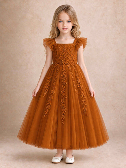 Girls Lace Tulle Flower Girl Dress Square Neck Ruffle Sleeve Princess Gown for Wedding First Communion