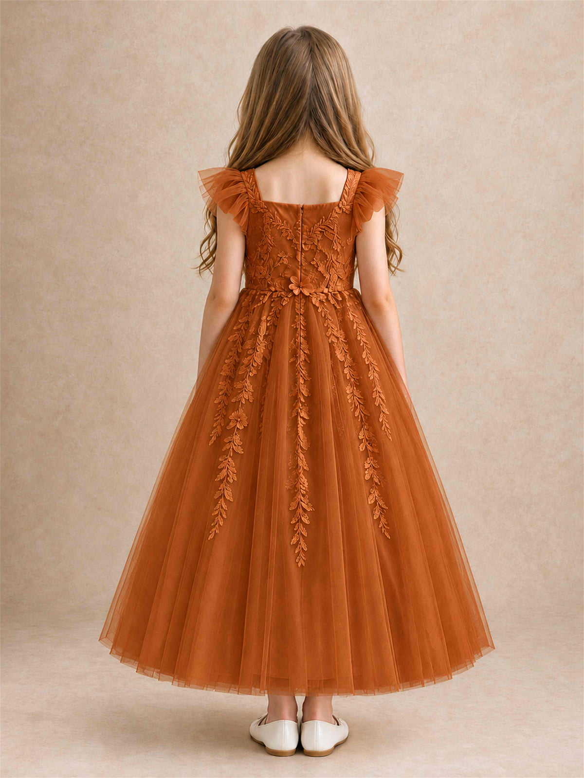 Girls Lace Tulle Flower Girl Dress Square Neck Ruffle Sleeve Princess Gown for Wedding First Communion