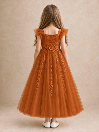 Girls Lace Tulle Flower Girl Dress Square Neck Ruffle Sleeve Princess Gown for Wedding First Communion