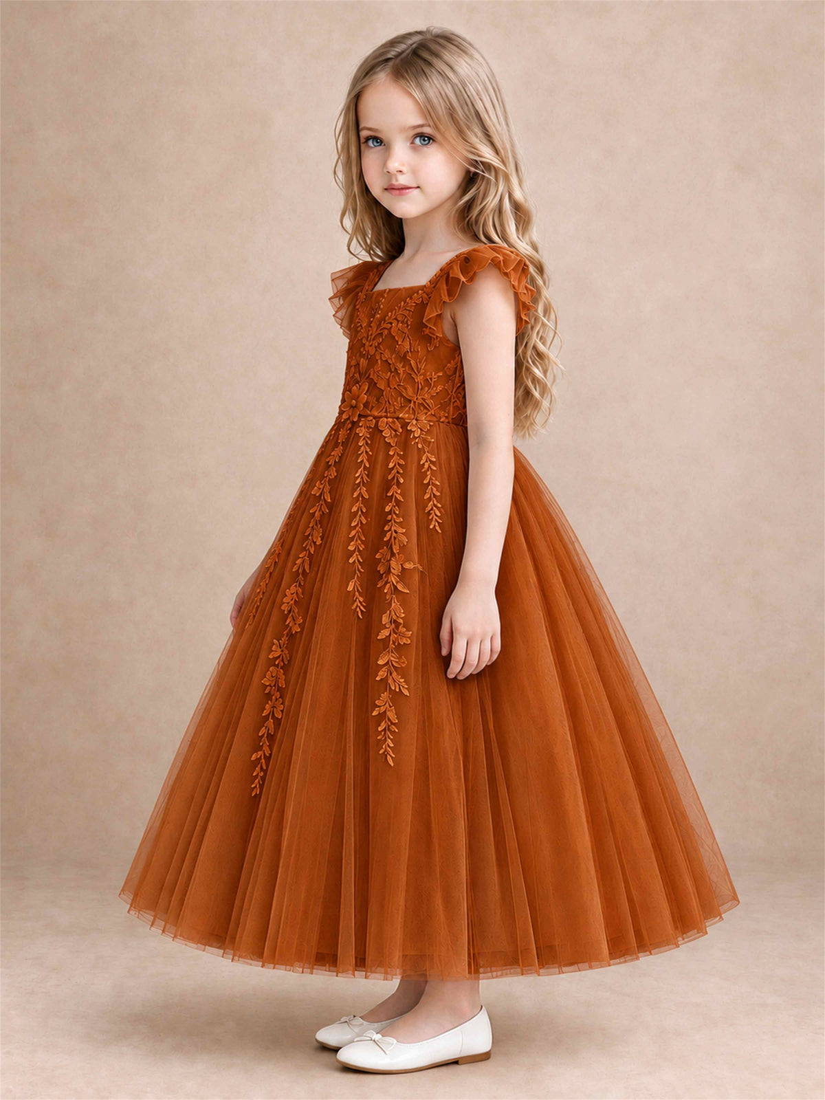 Girls Lace Tulle Flower Girl Dress Square Neck Ruffle Sleeve Princess Gown for Wedding First Communion