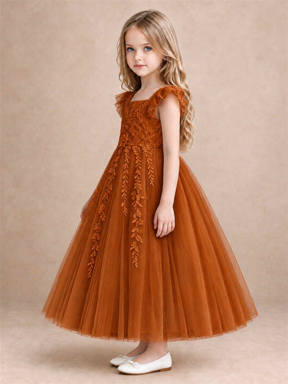 Girls Lace Tulle Flower Girl Dress Square Neck Ruffle Sleeve Princess Gown for Wedding First Communion