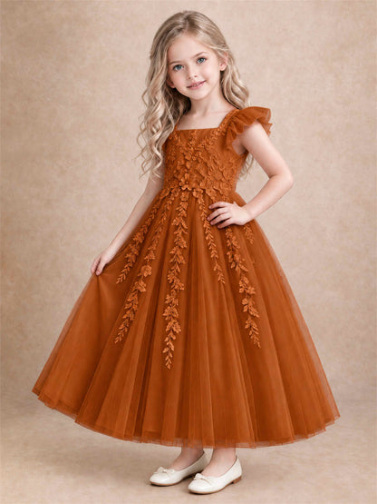 Girls Lace Tulle Flower Girl Dress Square Neck Ruffle Sleeve Princess Gown for Wedding First Communion