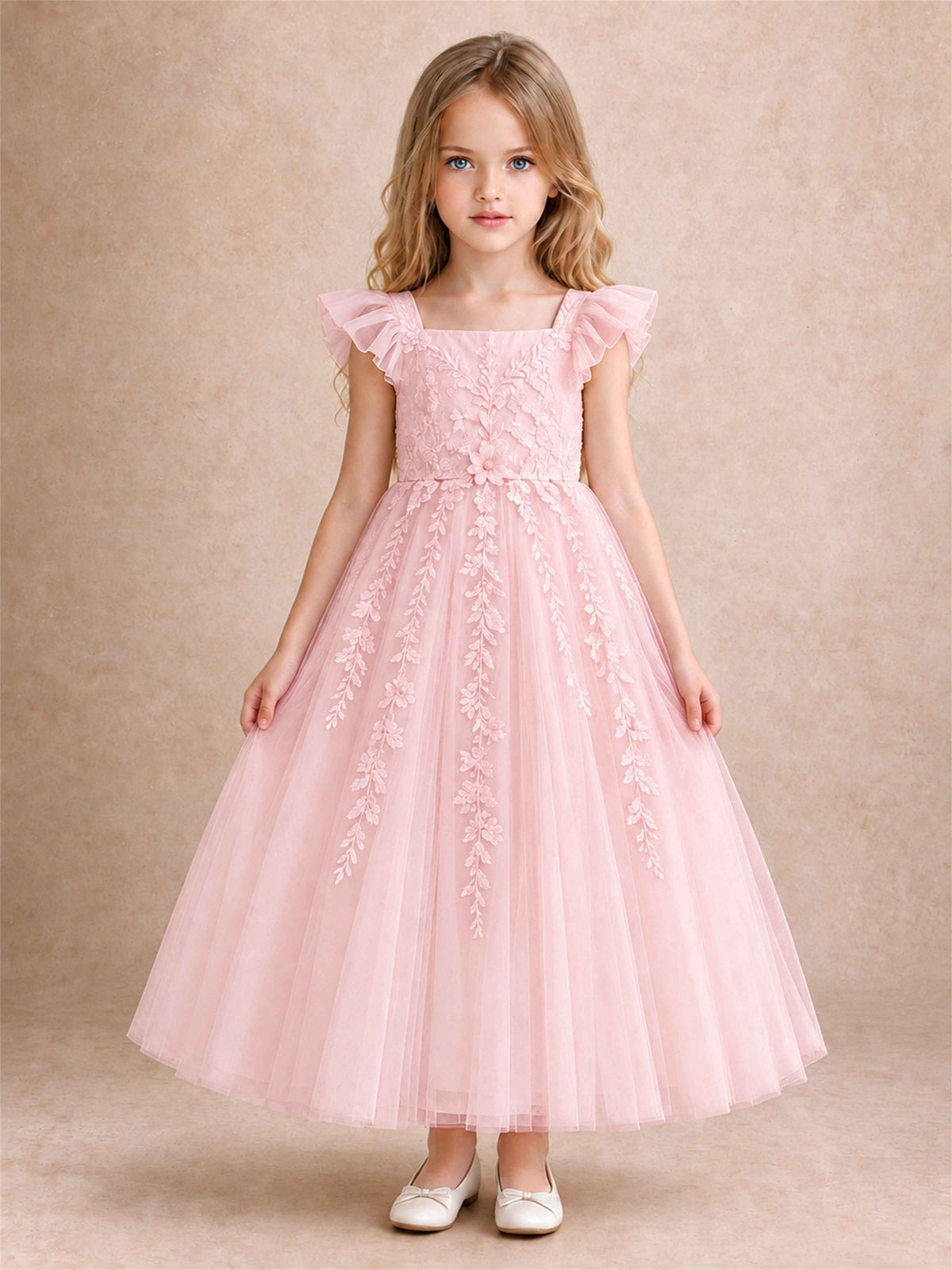 Girls Lace Tulle Flower Girl Dress Square Neck Ruffle Sleeve Princess Gown for Wedding First Communion