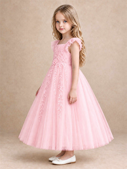 Girls Lace Tulle Flower Girl Dress Square Neck Ruffle Sleeve Princess Gown for Wedding First Communion
