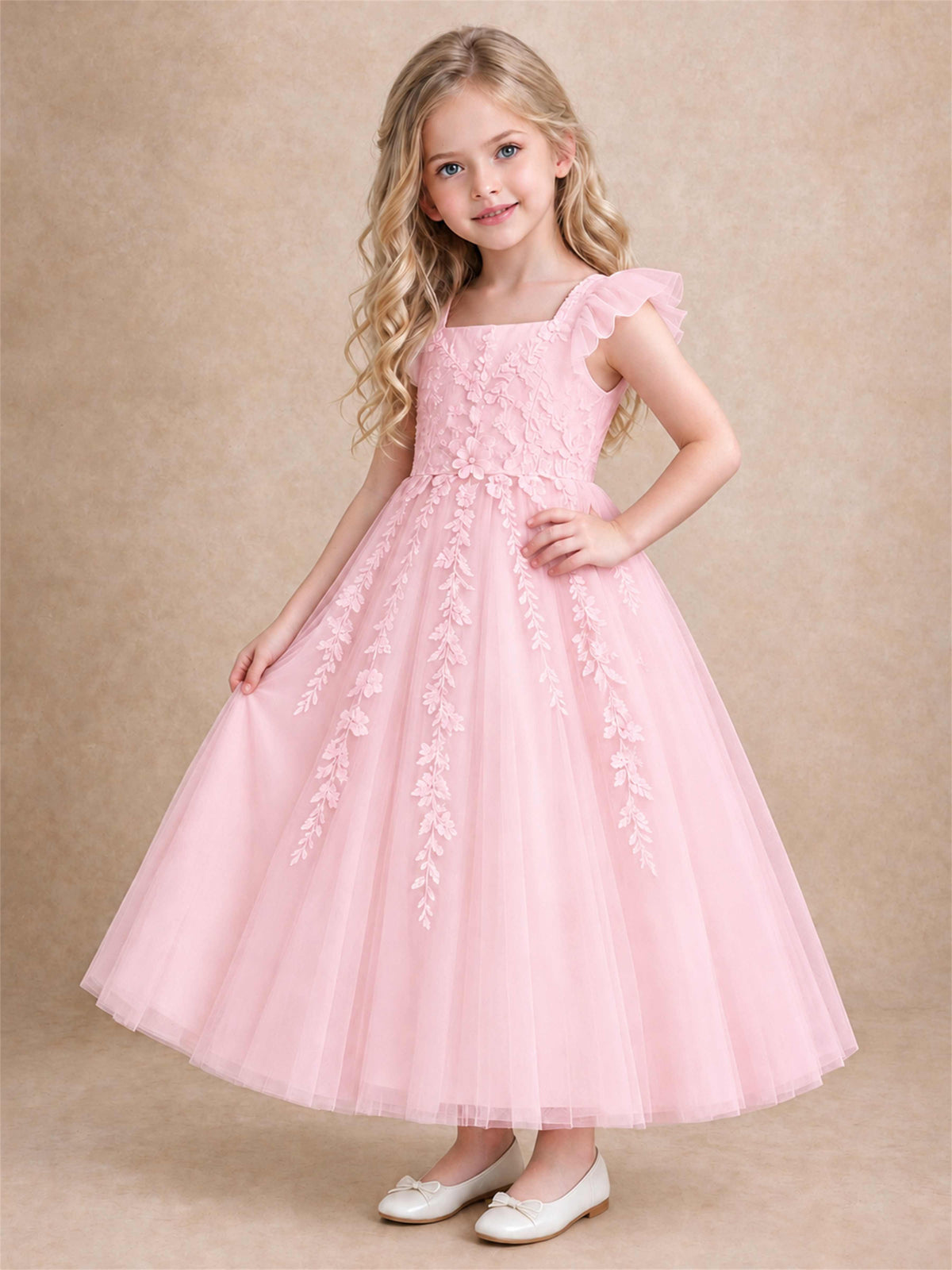 Girls Lace Tulle Flower Girl Dress Square Neck Ruffle Sleeve Princess Gown for Wedding First Communion