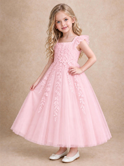 Girls Lace Tulle Flower Girl Dress Square Neck Ruffle Sleeve Princess Gown for Wedding First Communion