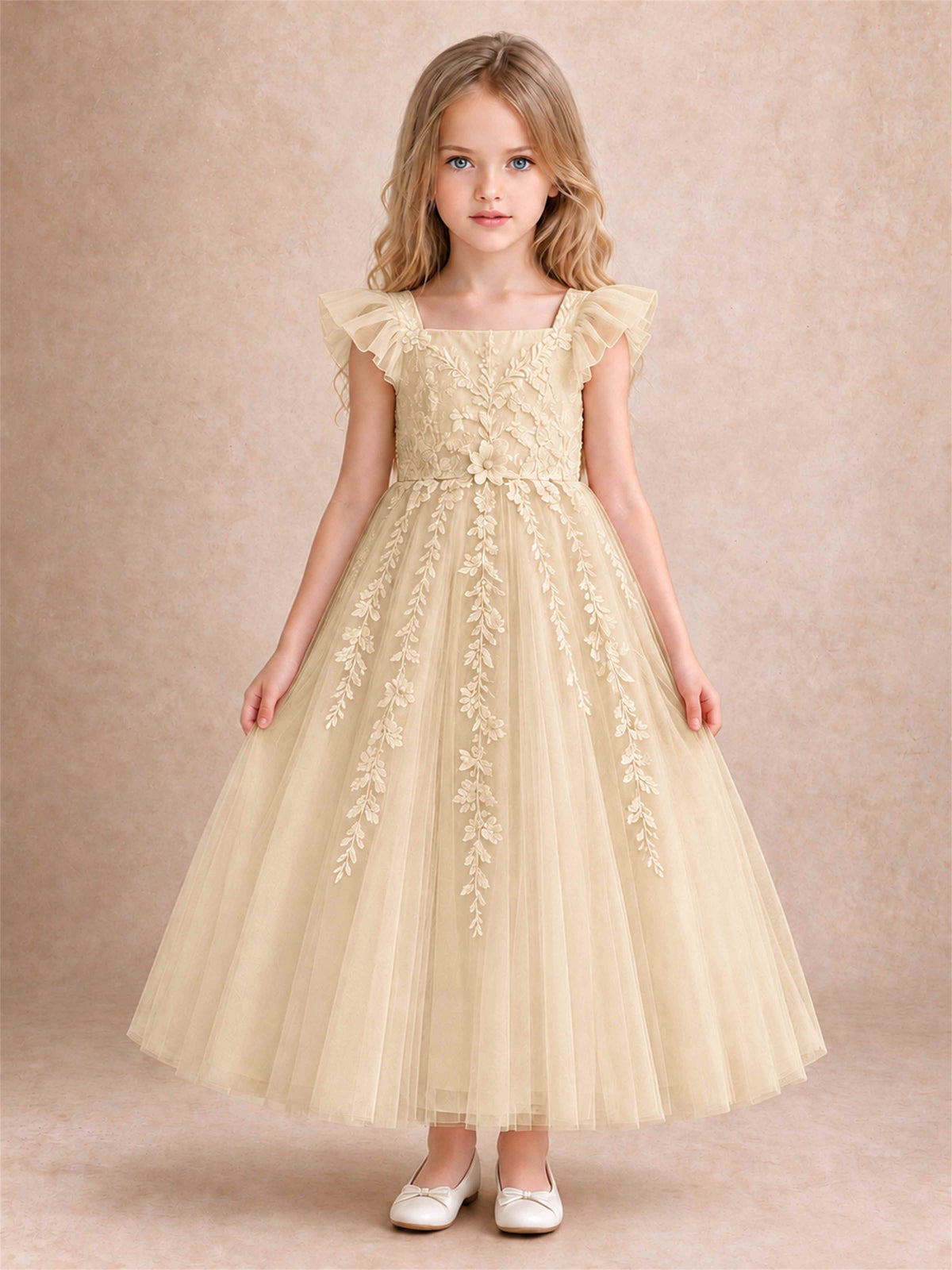 Girls Lace Tulle Flower Girl Dress Square Neck Ruffle Sleeve Princess Gown for Wedding First Communion