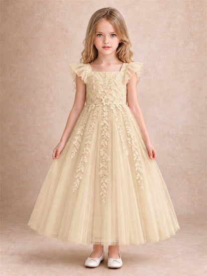 Girls Lace Tulle Flower Girl Dress Square Neck Ruffle Sleeve Princess Gown for Wedding First Communion