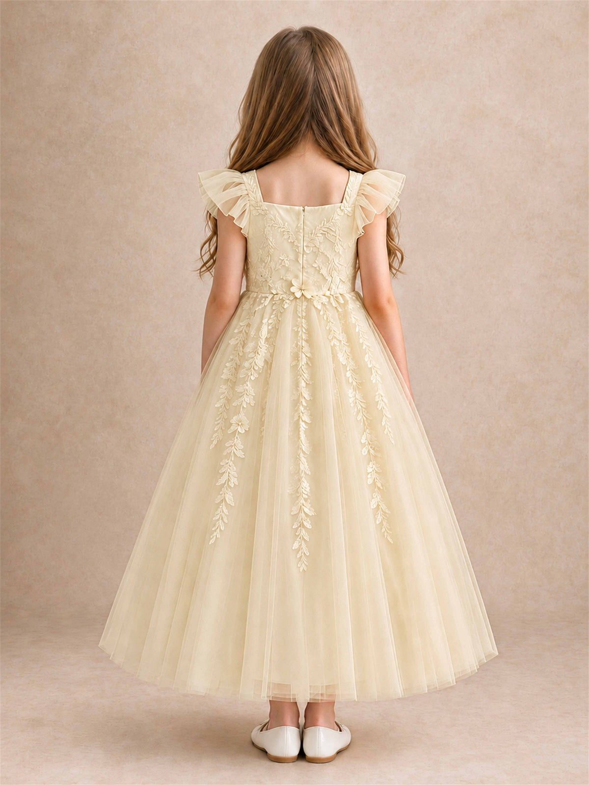 Girls Lace Tulle Flower Girl Dress Square Neck Ruffle Sleeve Princess Gown for Wedding First Communion