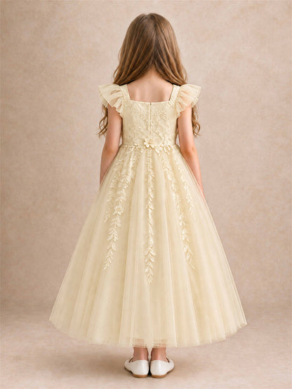 Girls Lace Tulle Flower Girl Dress Square Neck Ruffle Sleeve Princess Gown for Wedding First Communion