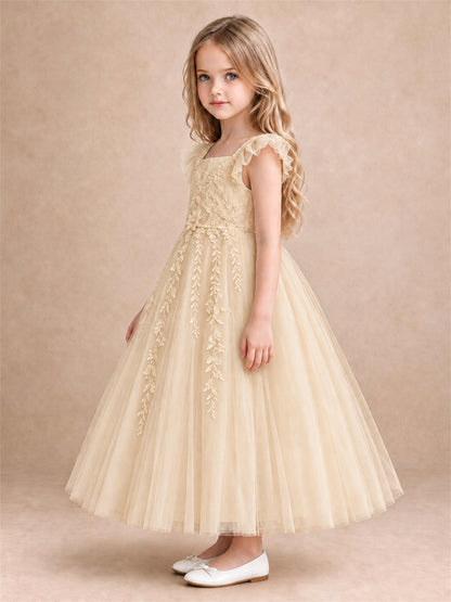 Girls Lace Tulle Flower Girl Dress Square Neck Ruffle Sleeve Princess Gown for Wedding First Communion