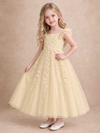 Girls Lace Tulle Flower Girl Dress Square Neck Ruffle Sleeve Princess Gown for Wedding First Communion