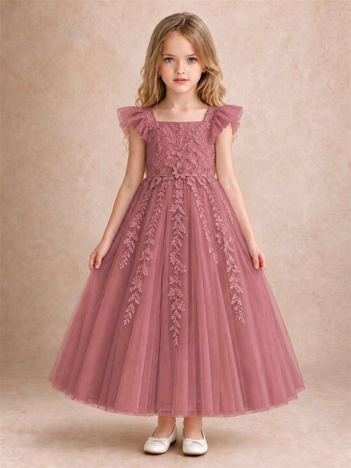 Girls Lace Tulle Flower Girl Dress Square Neck Ruffle Sleeve Princess Gown for Wedding First Communion