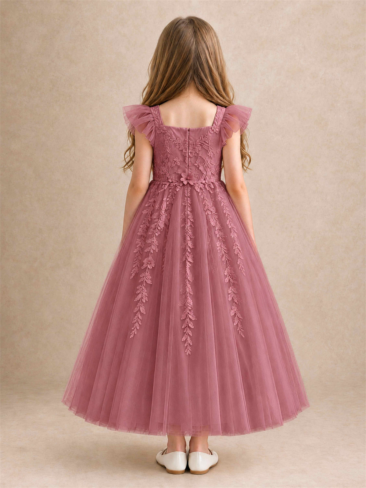 Girls Lace Tulle Flower Girl Dress Square Neck Ruffle Sleeve Princess Gown for Wedding First Communion